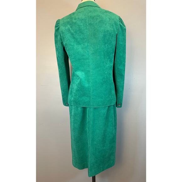 Vtg 1980s Jewel Tone Green Ultra Suede Skirt Set Suit Adolph Schuman Lilli Ann - Picture 5 of 10